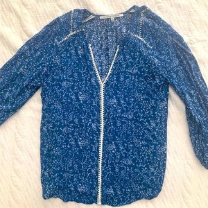 Collective Concepts, Blue and White Blouse, 3/4 Sleeve, White Stitching Detail